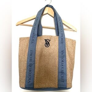 Victoria's Secret Beige‎ Tote with Denim Blue Straps Beach Weekender Travel